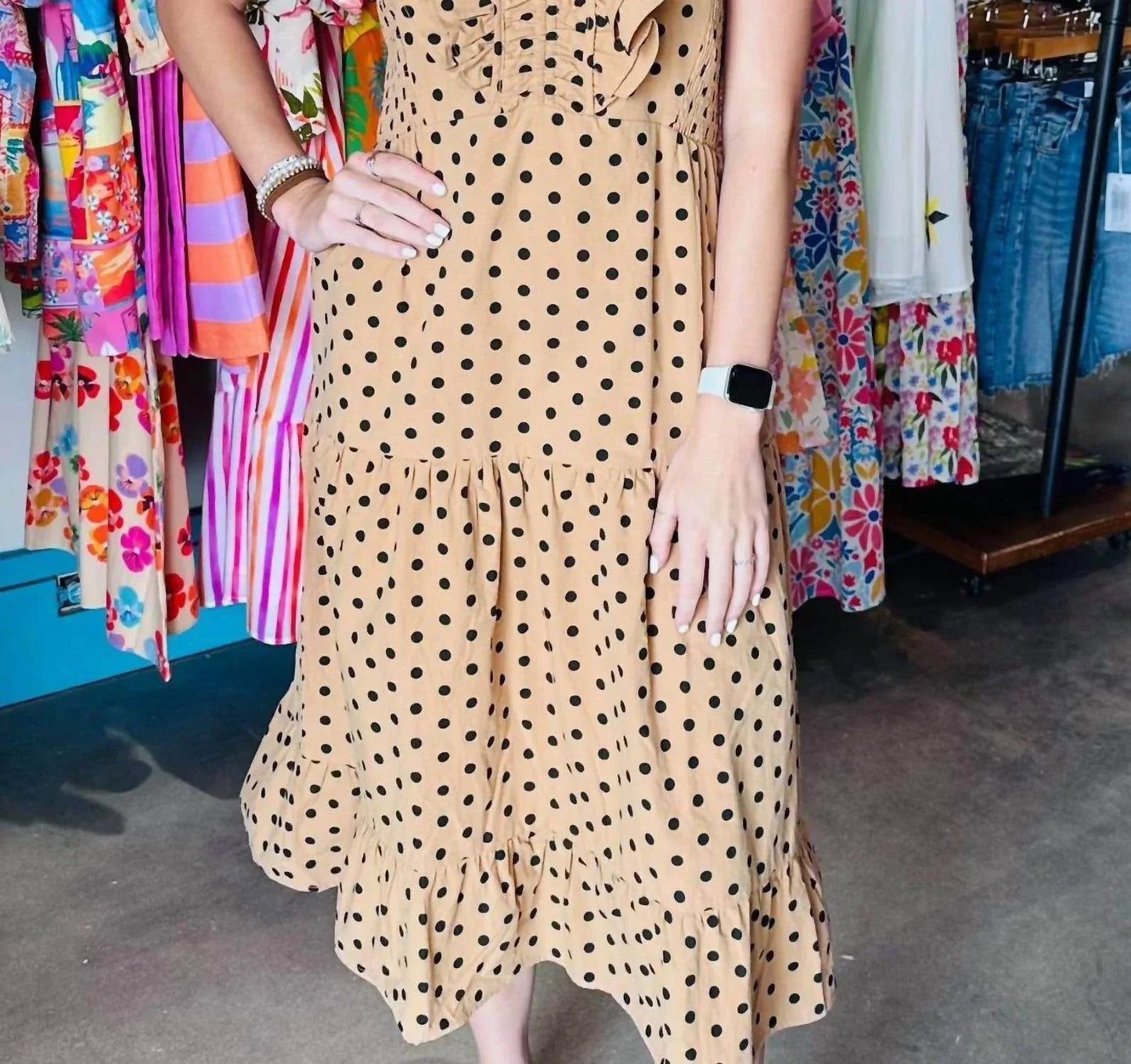 Ruched Cotton Polka Dot Midi Dress
