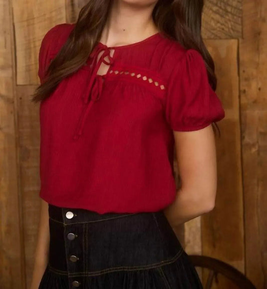 Eyelet Lace Trim Double Front Tie Puff Sleeve Top