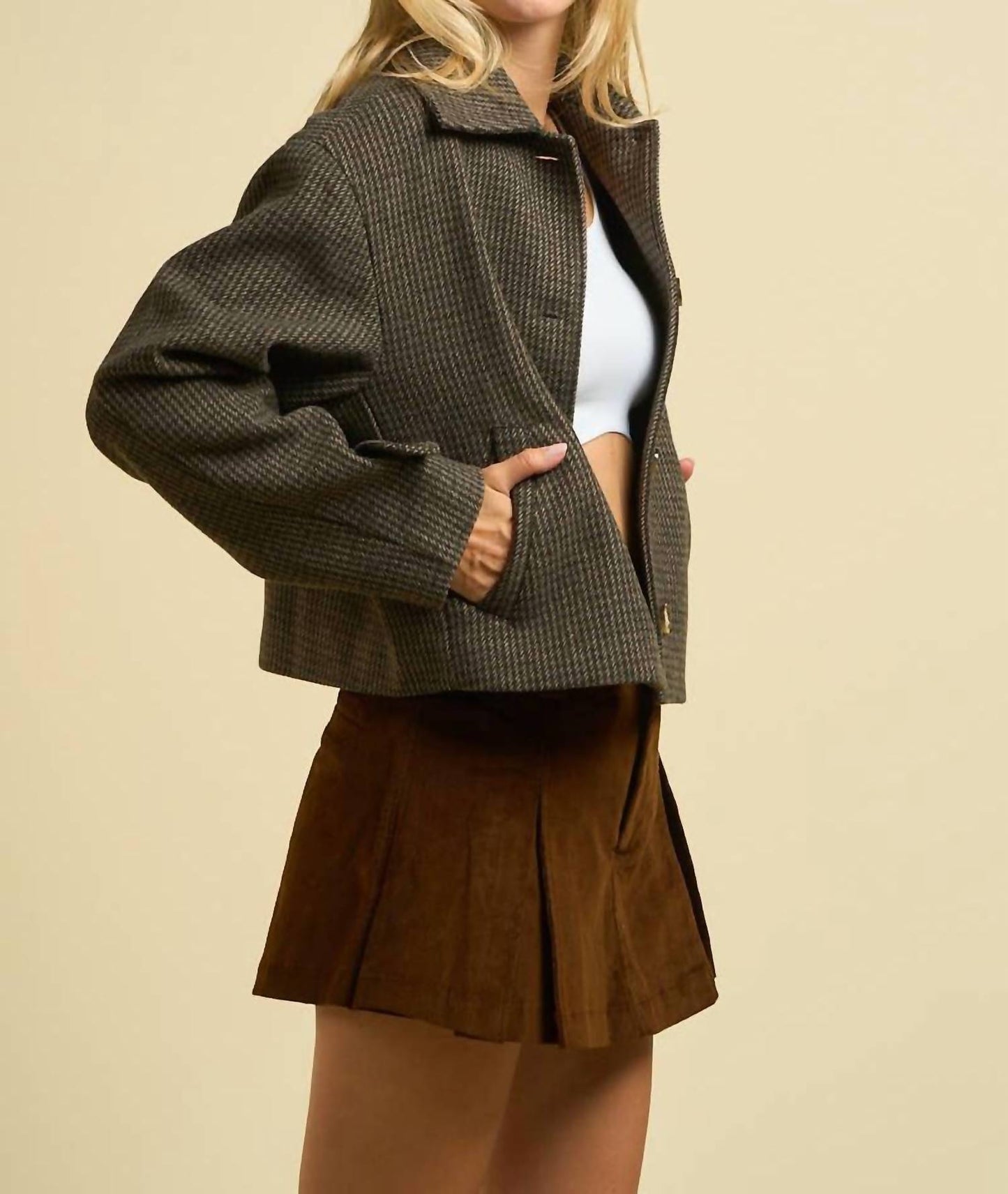 Gefütterte Cropped-Jacke im Hahnentrittmuster