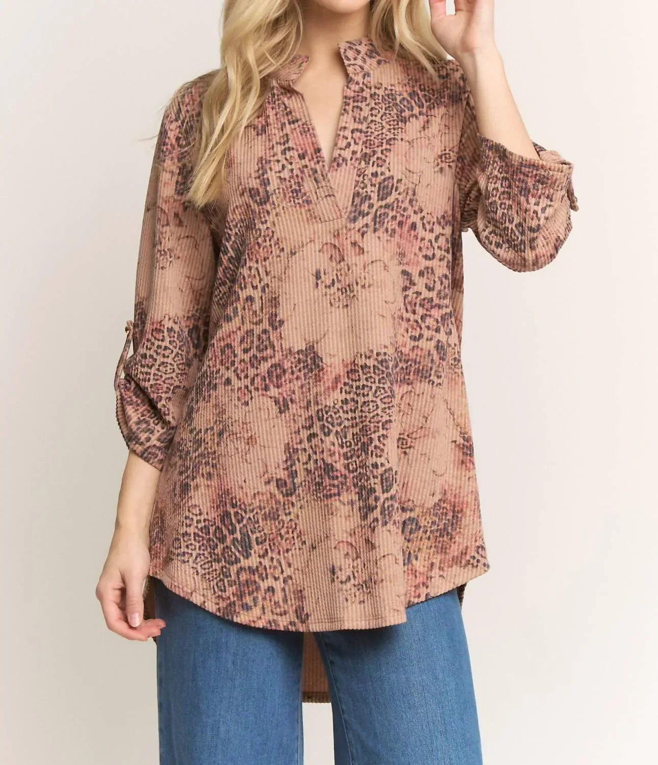 Stehkragen-Oberteil mit Animal-Print