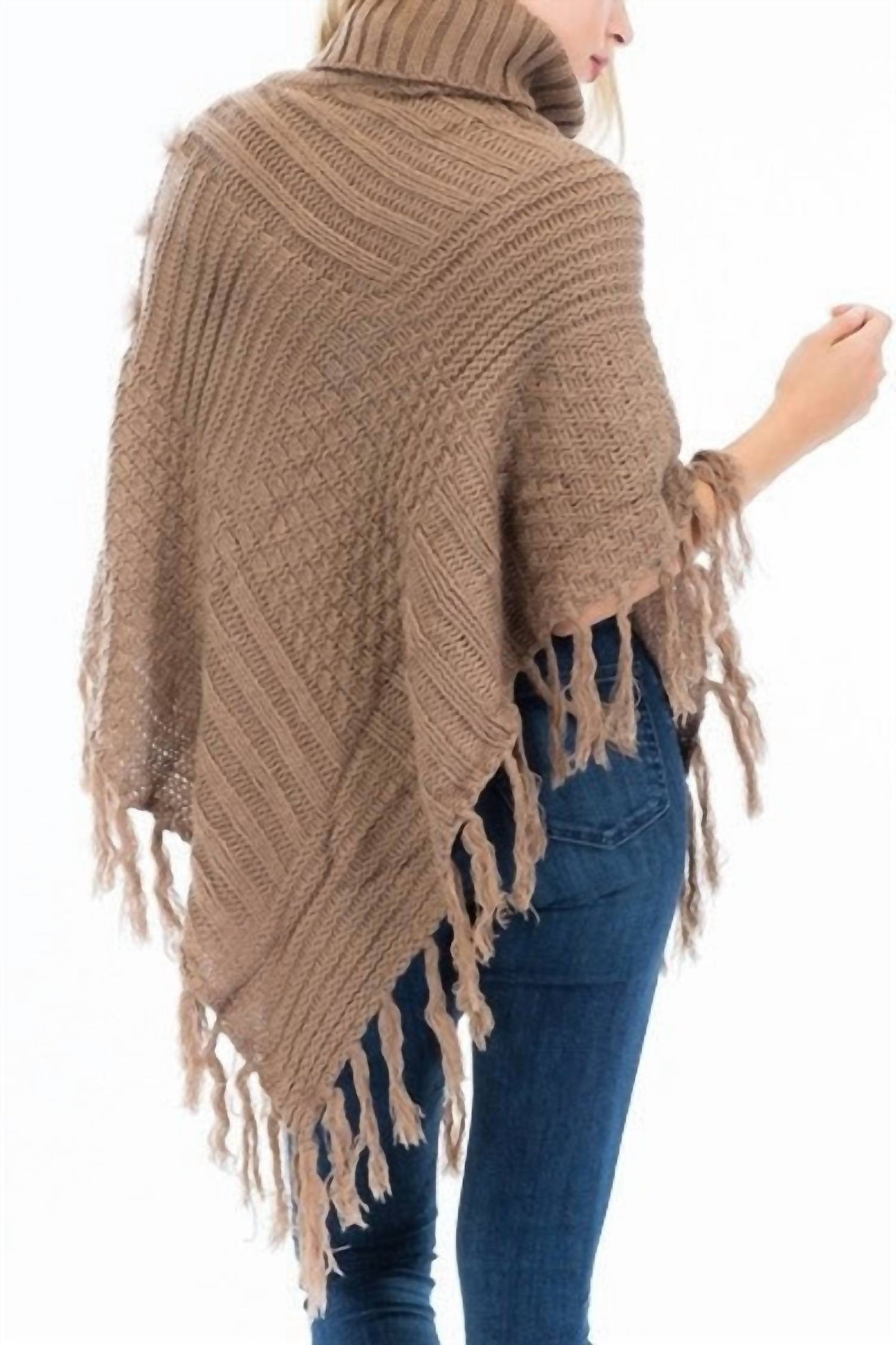 Luxuriöser Rollkragen-Poncho mit Kunstfell-Akzent