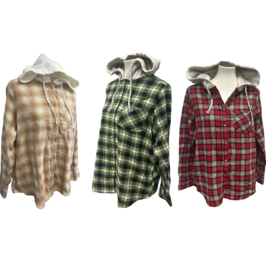 Women's Plaid Flannel Button Up Hoodie Set