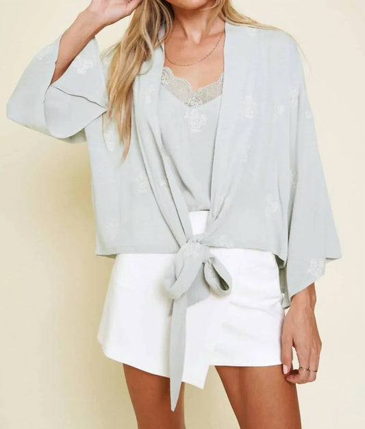Embroidered Tie Front Kimono Cardigan