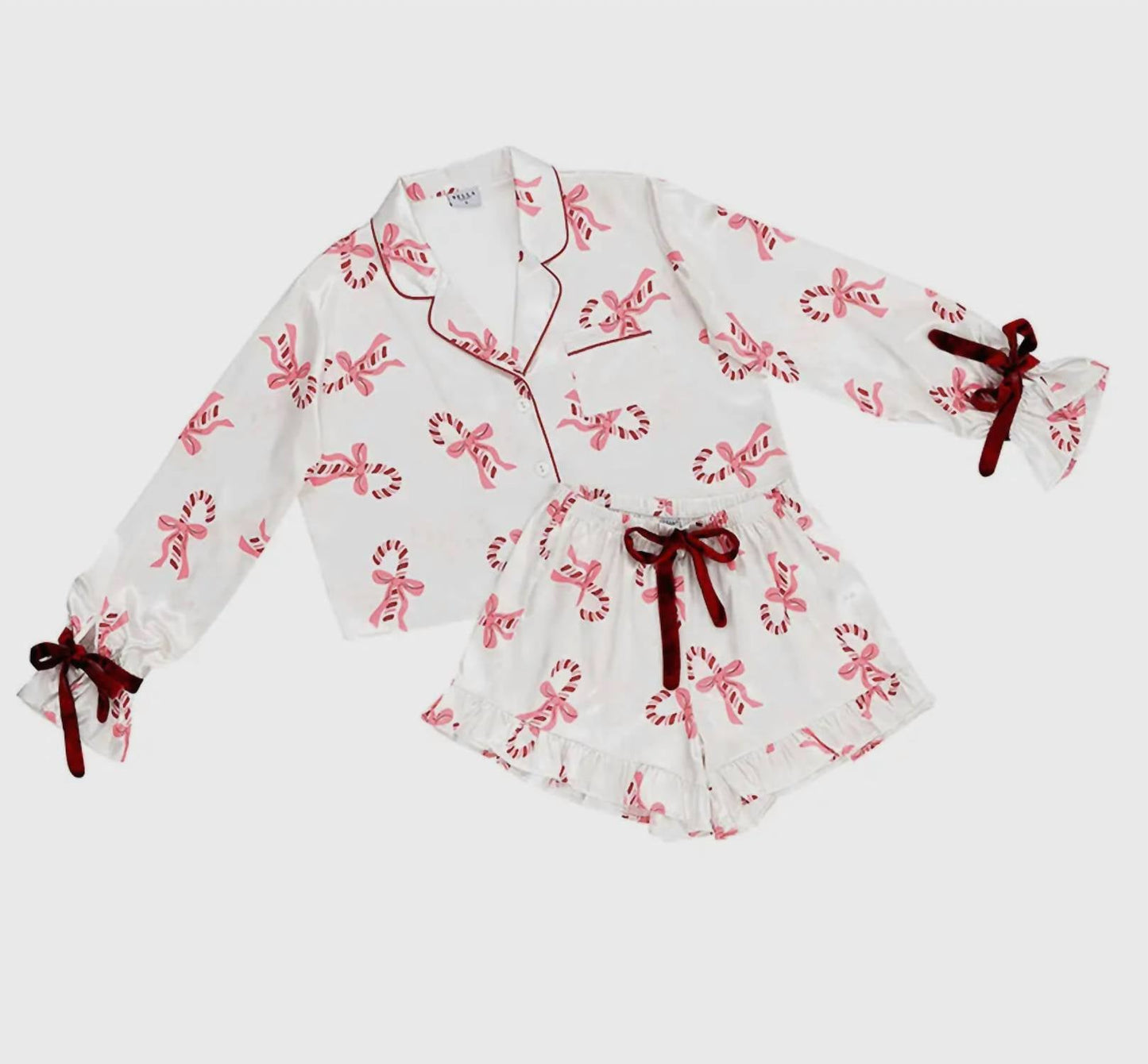 Ruffled Pajama With Velvet Ties Short Set