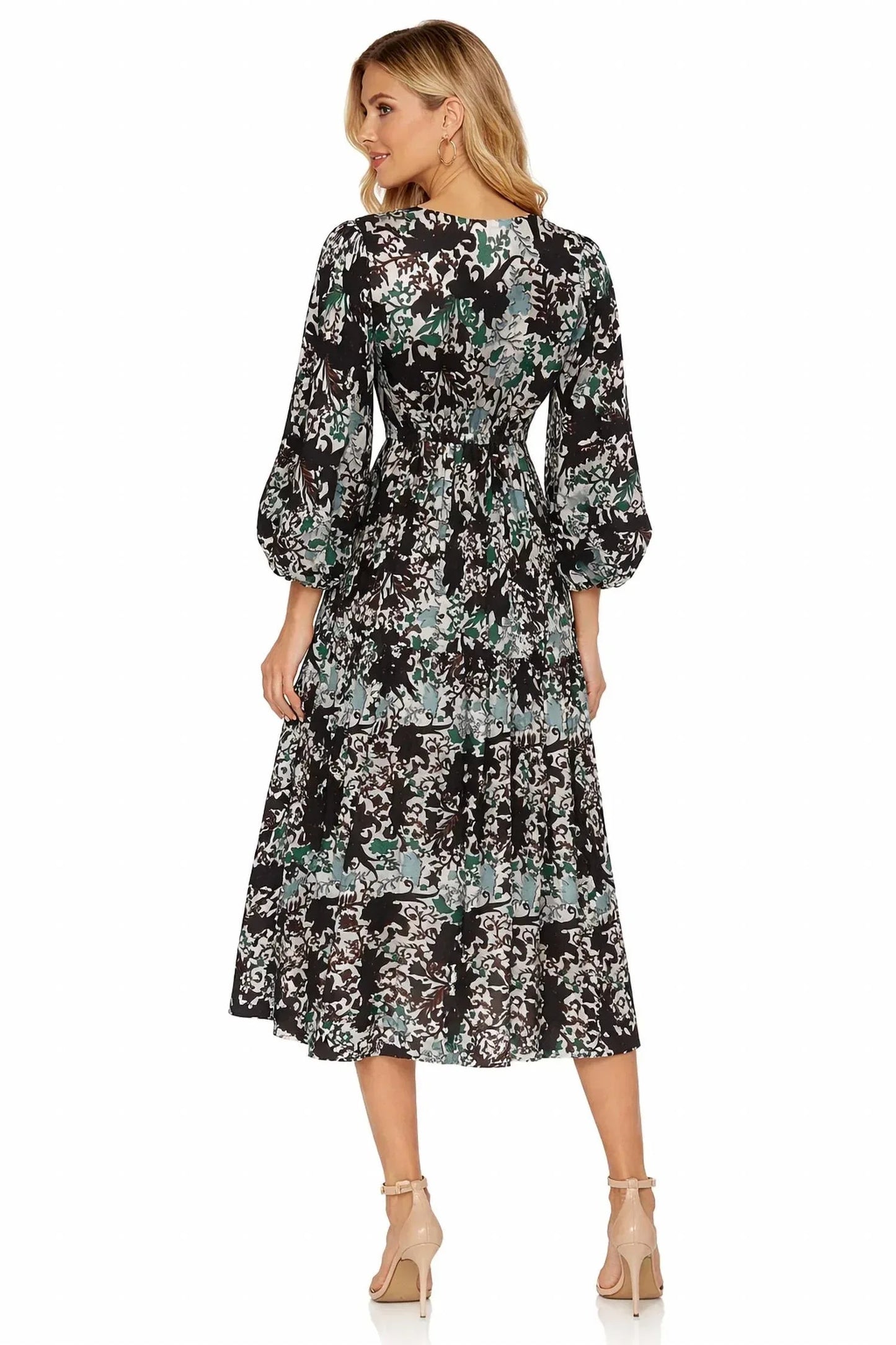 Abstraktes florales Midi-Kleid mit Puffärmeln