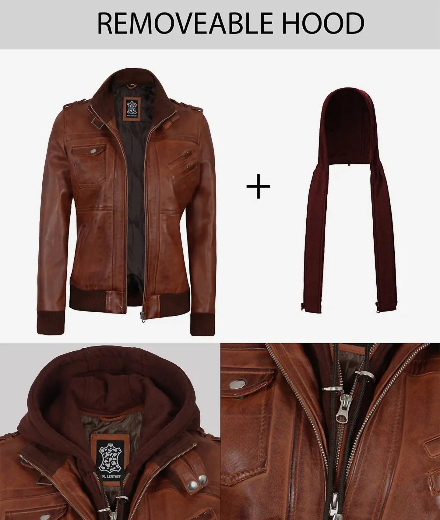 Damen-Echtlederjacke mit abnehmbarer Kapuze