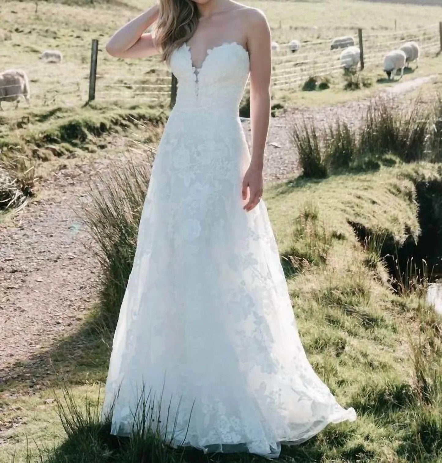 Strapless A-Line Wedding Gown with Floral Appliques