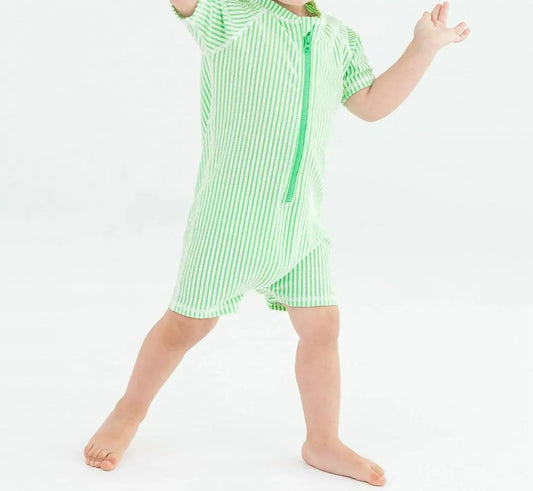 Baby Boys Seersucker Short Sleeve One Piece Rash Guard Swimsuit