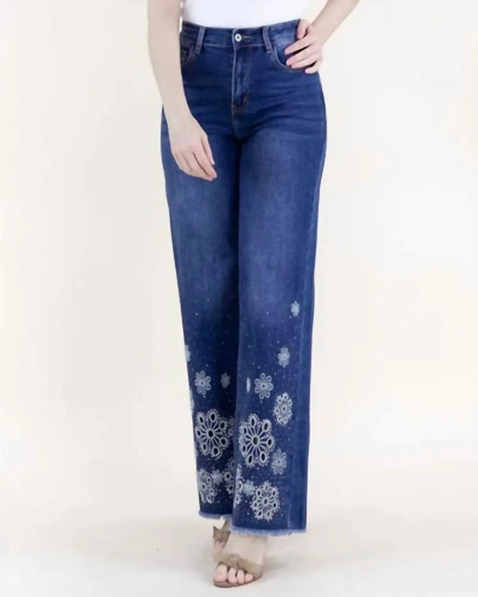 Eyelet Embroidered High Rise Wide Leg Jeans Plus