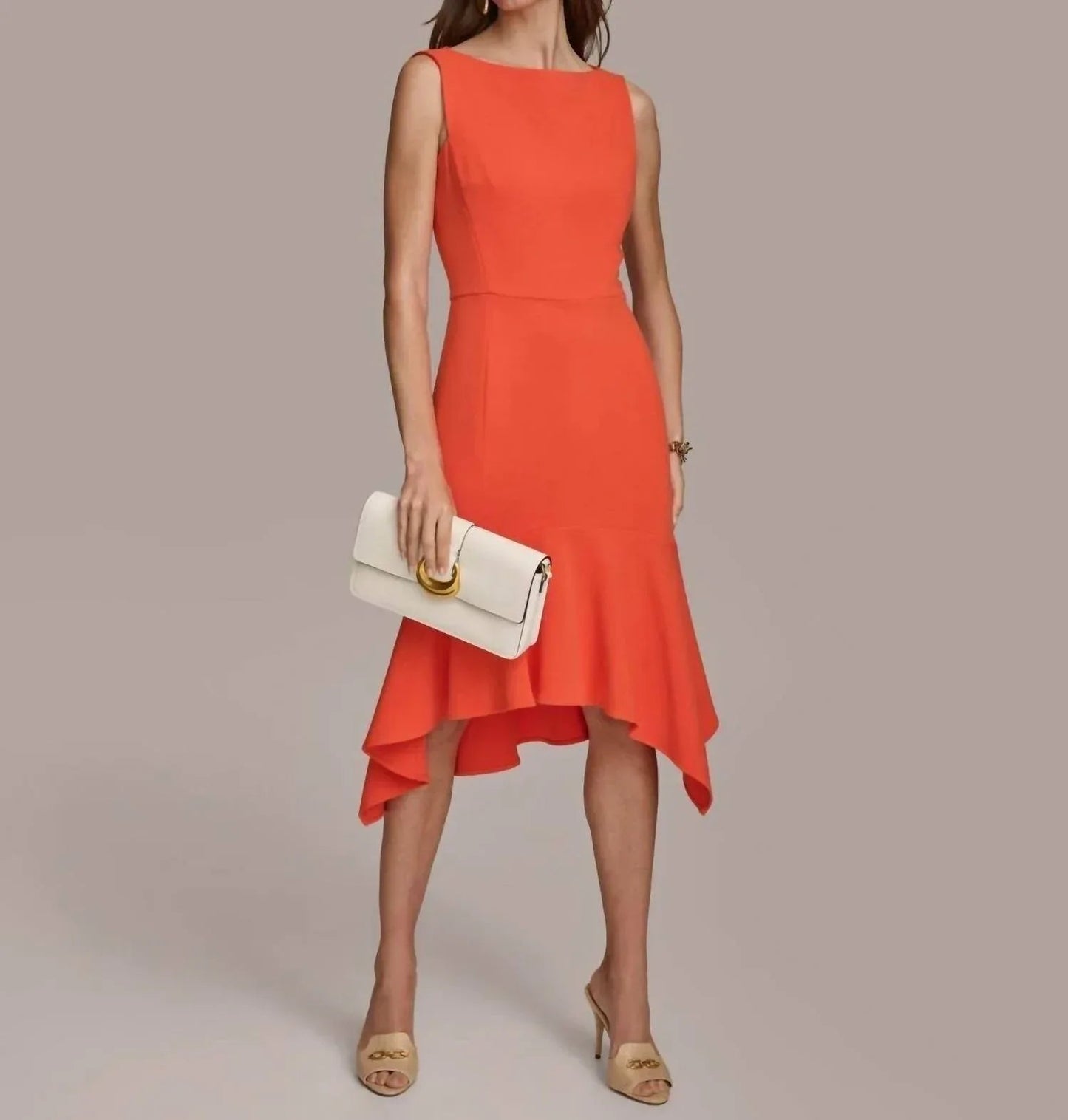 Boat-neck Sleeveless Ruffled-hem Sheath Dress