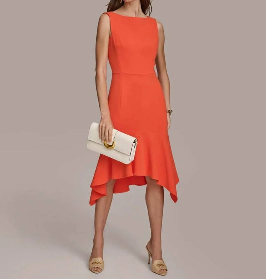 Boat-neck Sleeveless Ruffled-hem Sheath Dress