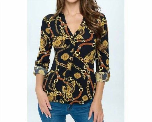 Chain Print Roll-up Sleeve Button Down Blouse