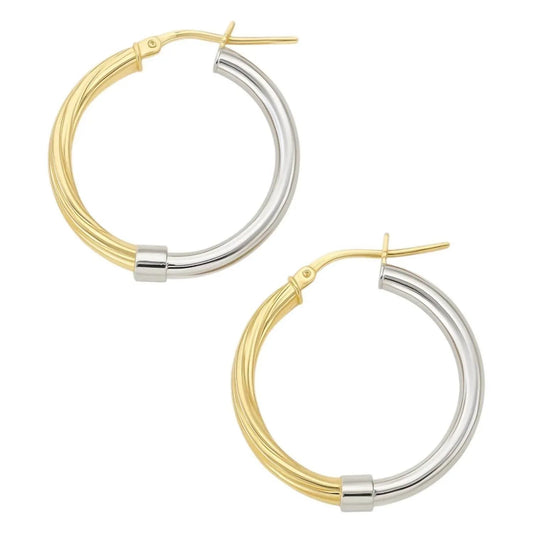 Women's Two Tone Half Twisted Design Round Hoop Earrings