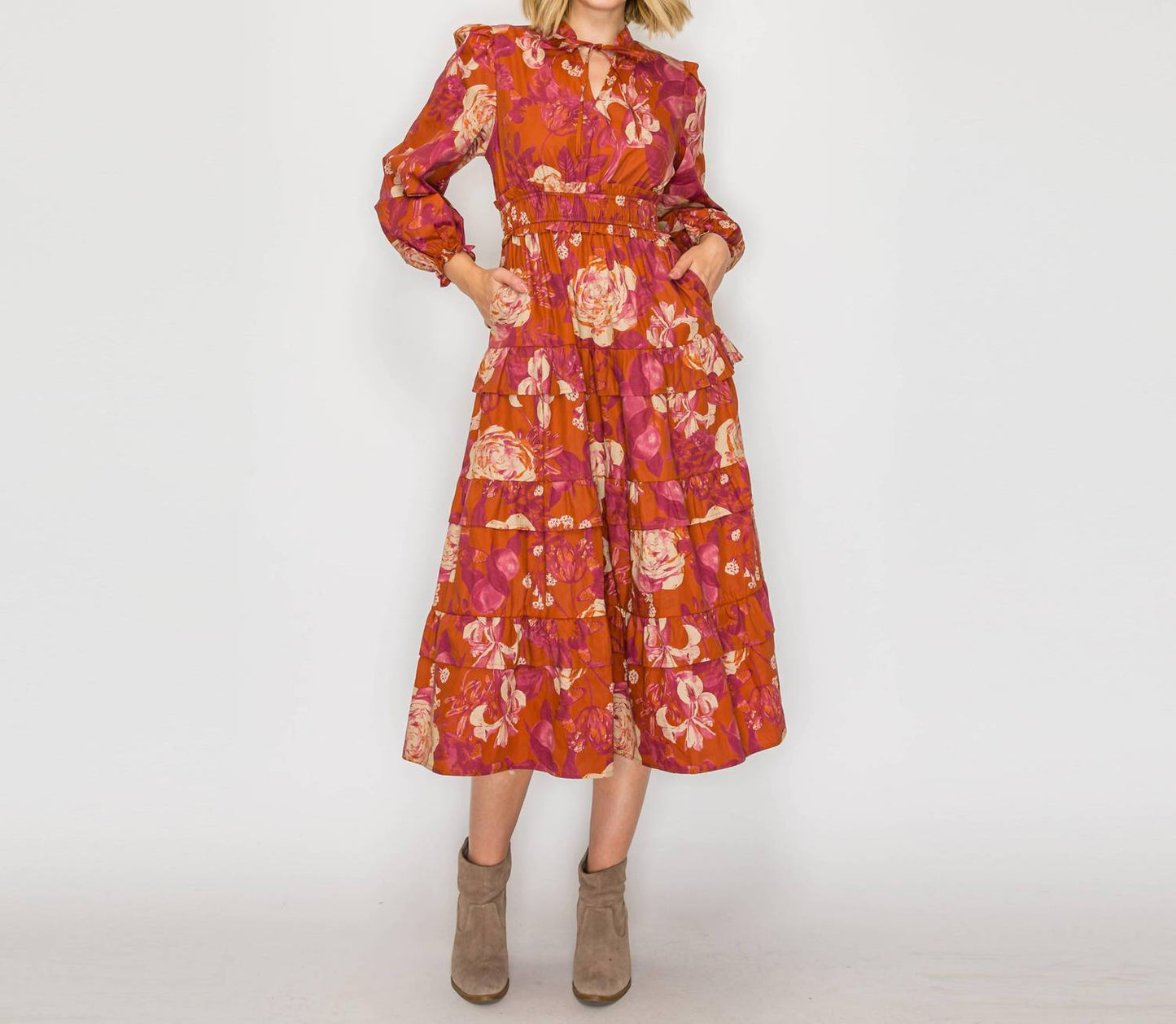 Rustikales Midikleid mit Rosenprint