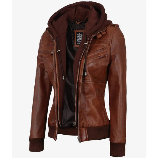 Women's Genuine Leather Jacket With Removal Hood