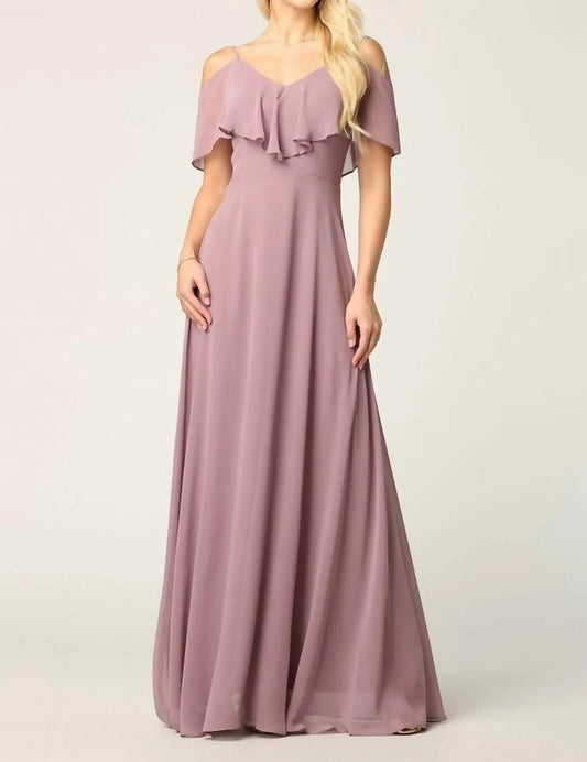 Chiffon Cold Shoulder Ruffle Sleeve Bridesmaid Dress