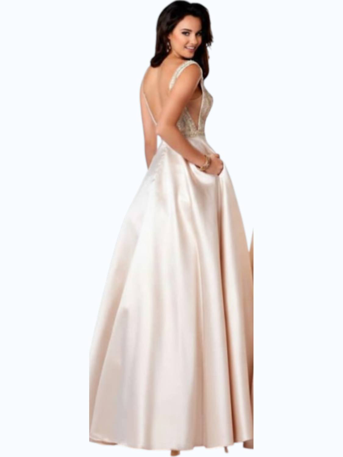 Abendkleid aus Satin mit Perlen, V-Ausschnitt und A-Linie