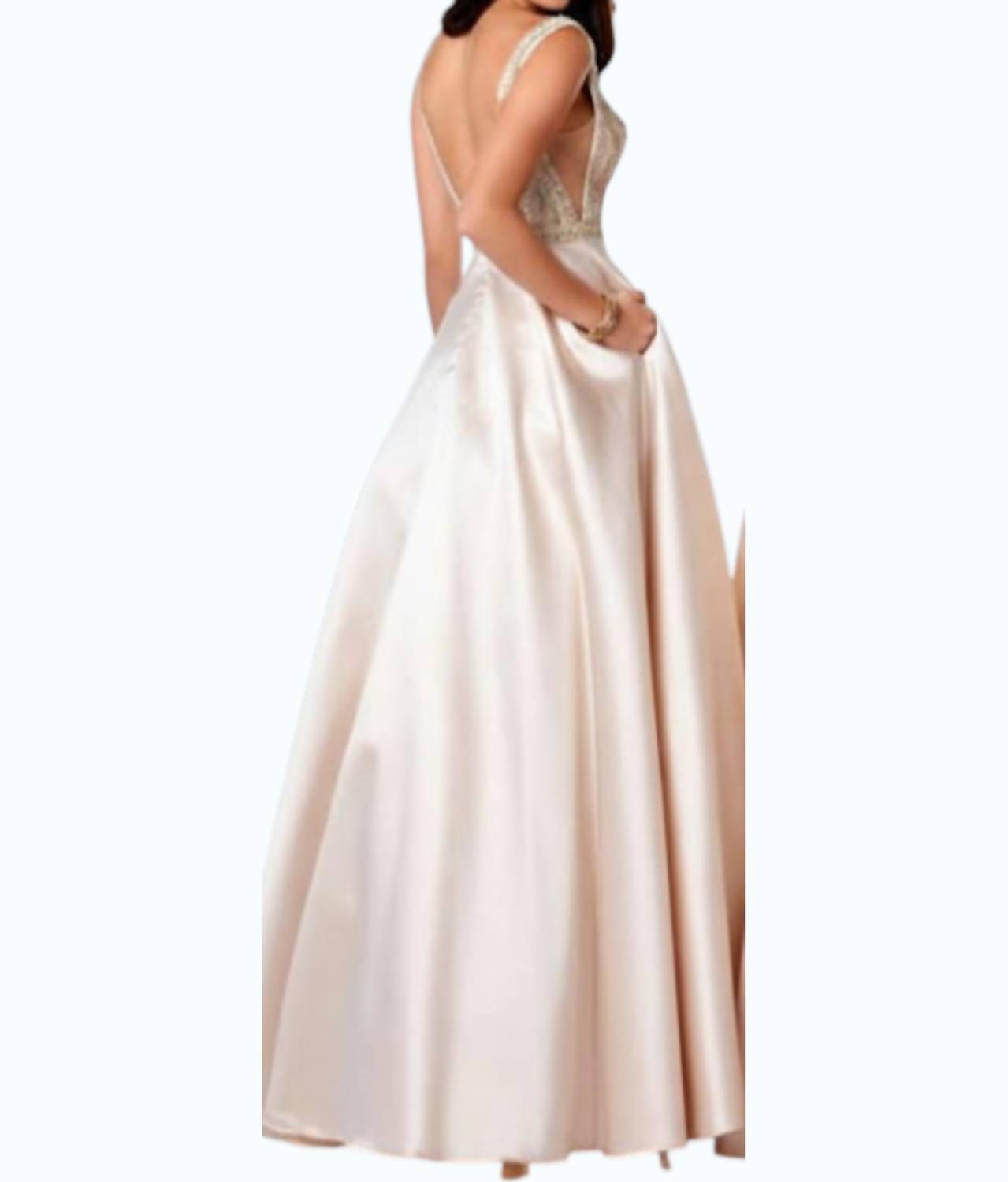 Abendkleid aus Satin mit Perlen, V-Ausschnitt und A-Linie