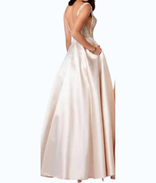 Beaded V-neck Satin A-line Evening Gown