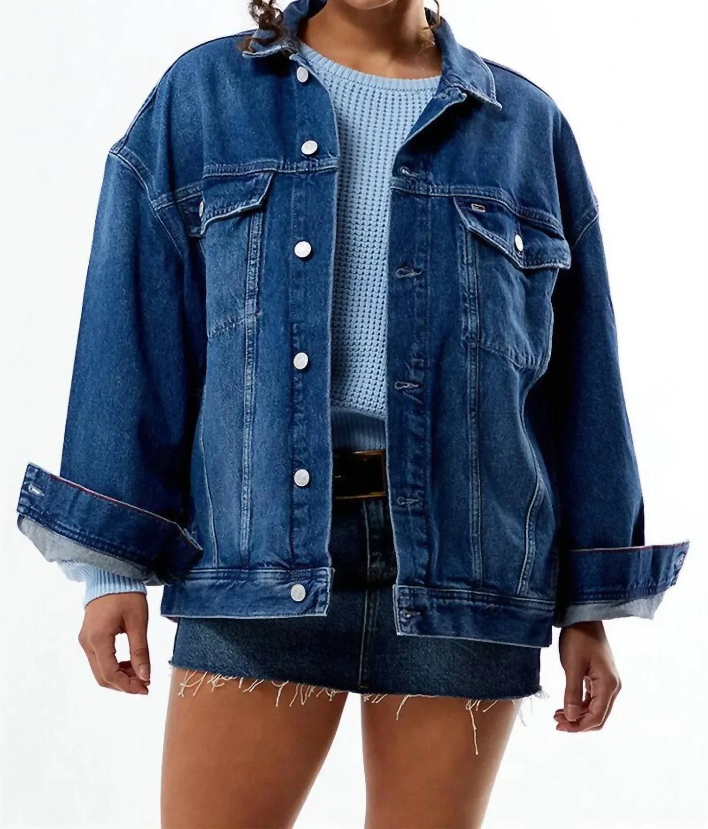 Blaue Gänseblümchen-Jacke mit Oversized-Flagge