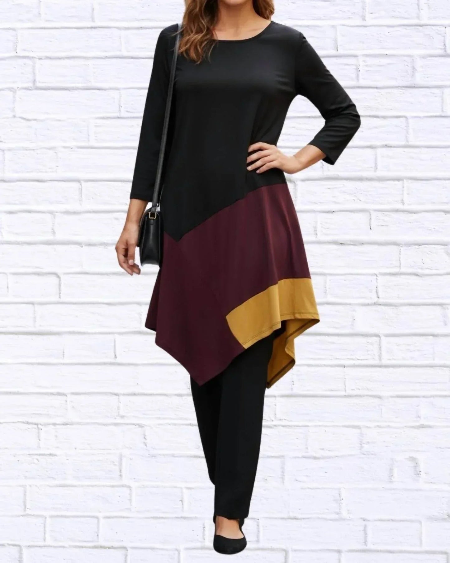 Farbblock-Stricktunika mit asymmetrischem Saum