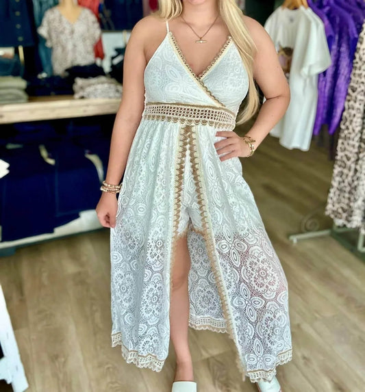 Geo Floral Lace Crochet Accents Maxi Dress