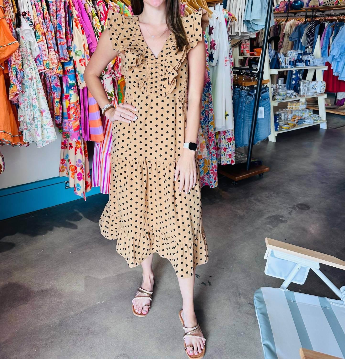 Ruched Cotton Polka Dot Midi Dress