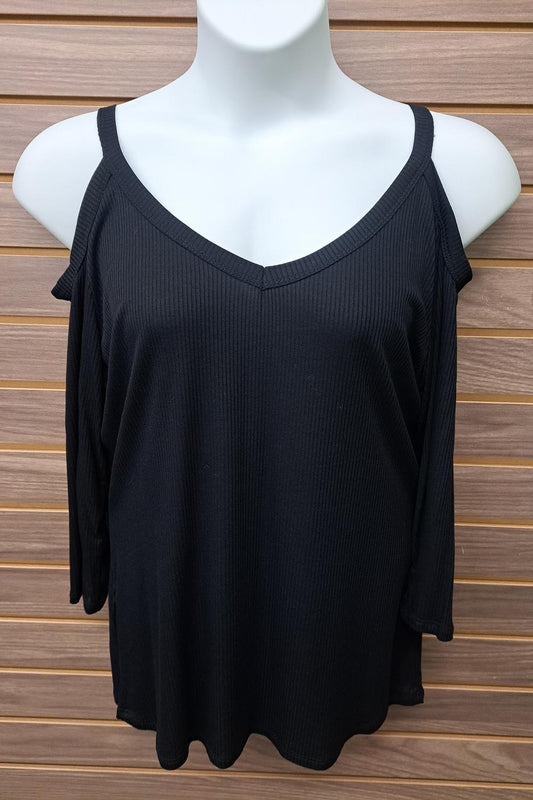 Women's 3/4 Sleeve Cold Shoulder Ribbed Top