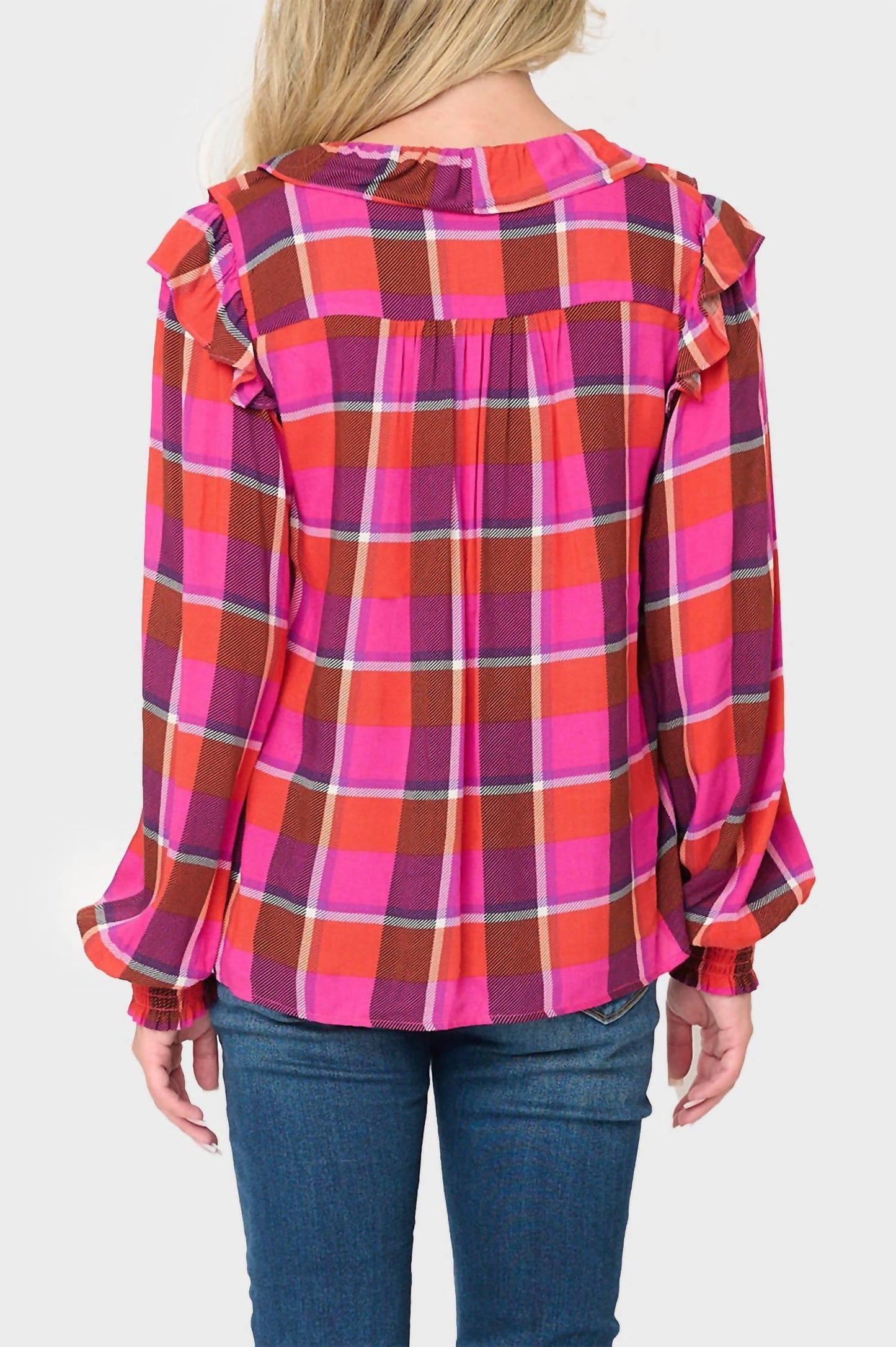 Plaid Ruffle Detail Long Sleeve Shirt