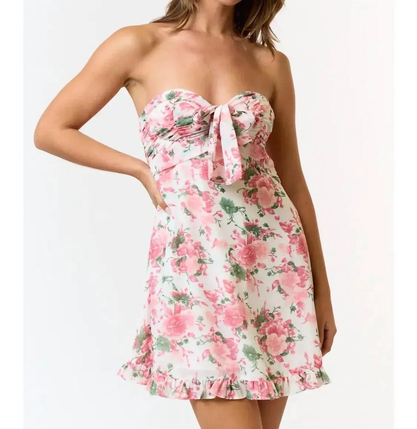 Geblümtes, schulterfreies Rüschenkleid mit Bindedetail vorne
