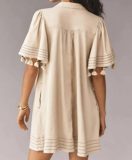 Collared Linen Blend Button-front Tassel Mini Dress