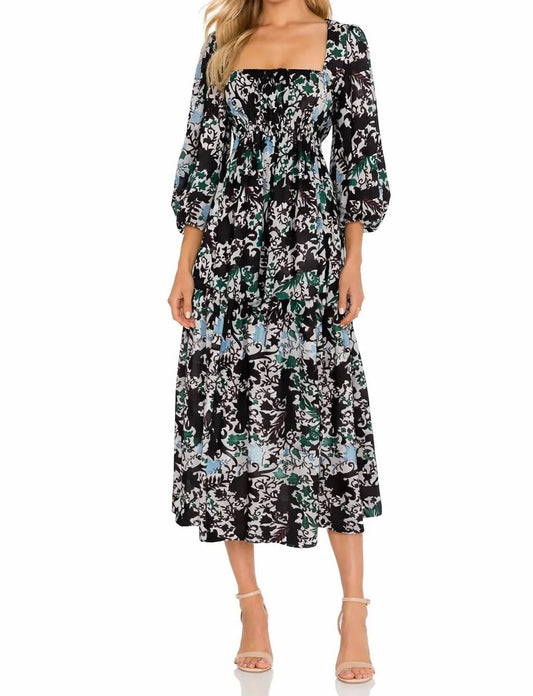 Abstract Floral Puff Sleeve Midi Dress