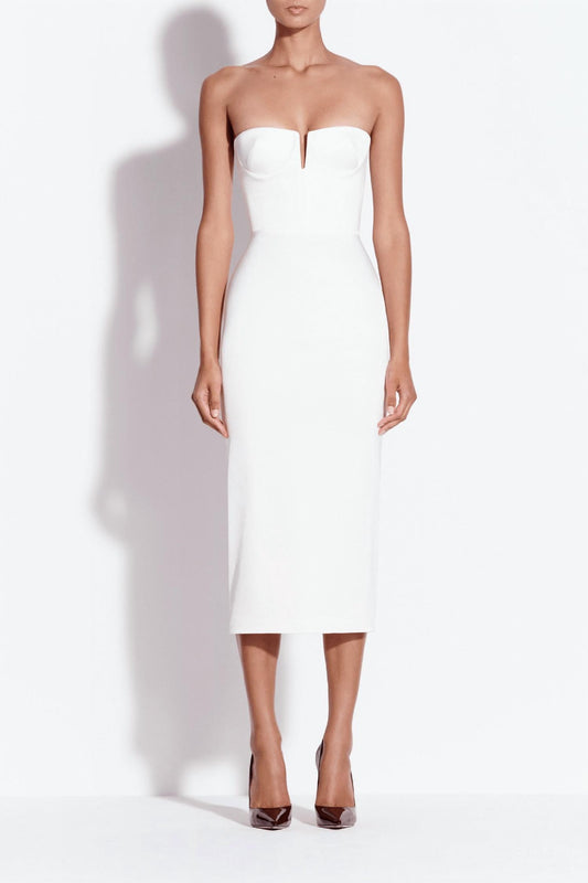 Trägerloses Neckholder-Kleid aus Satin-Crêpe in Midilänge