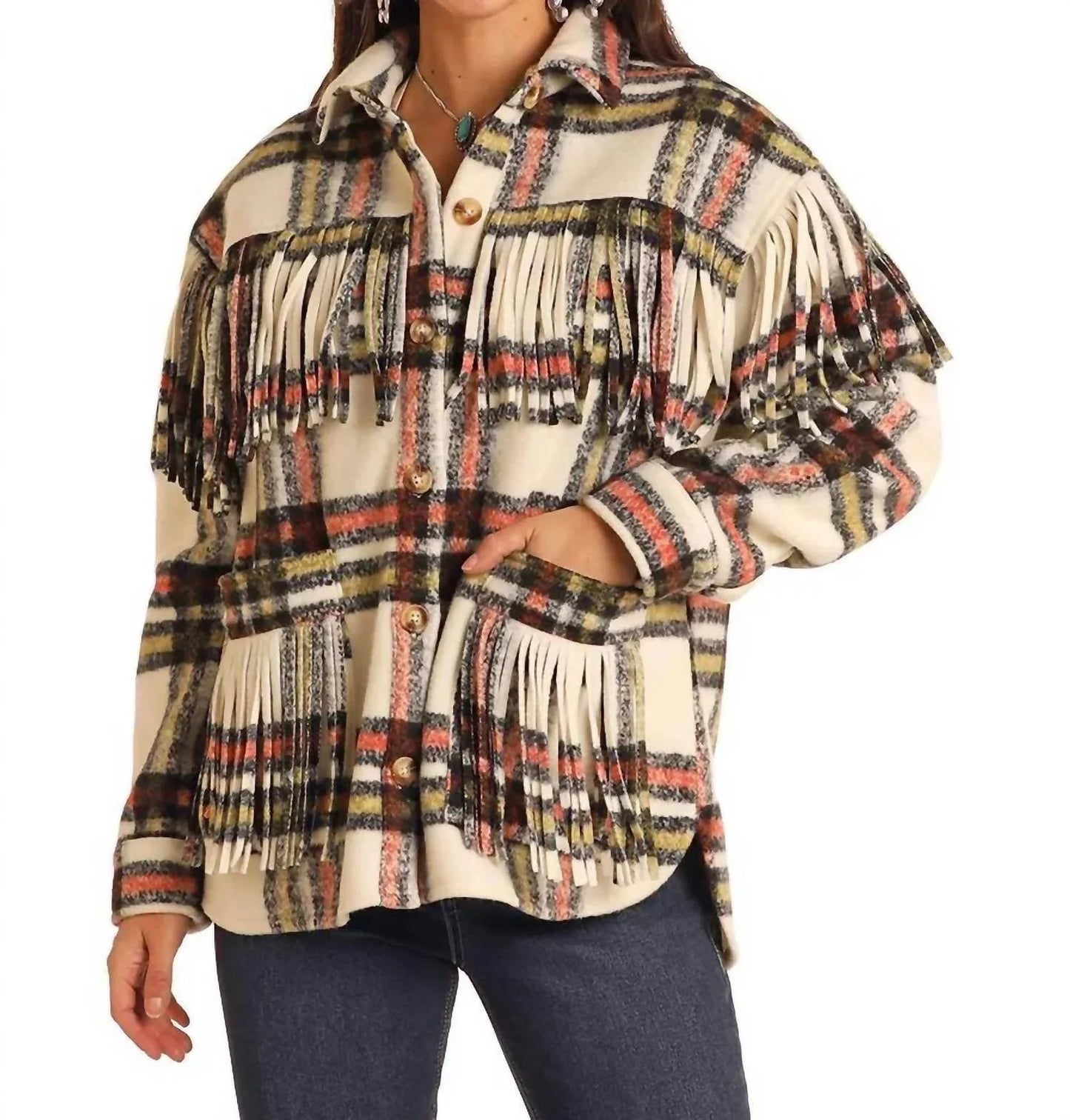 Plaid Shacket With Fringe