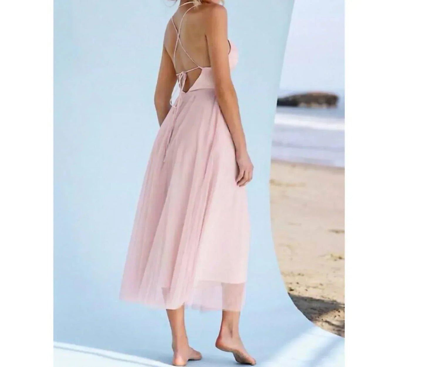 Madison Strandhochzeit Flitterwochen Tüll Kleid mit Rückenschnürung
