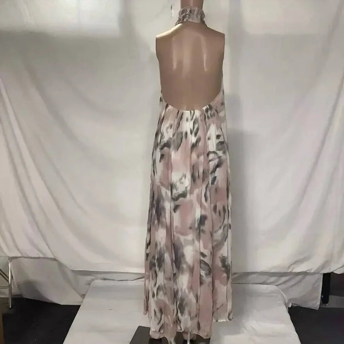 Women's Halter Sheer Printed Maxi Dress
