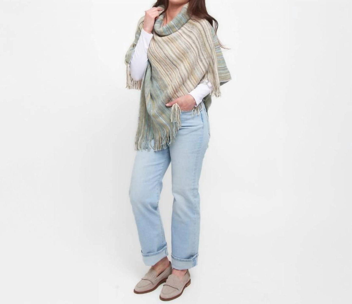 Tiya Striped Funnel Neck Poncho