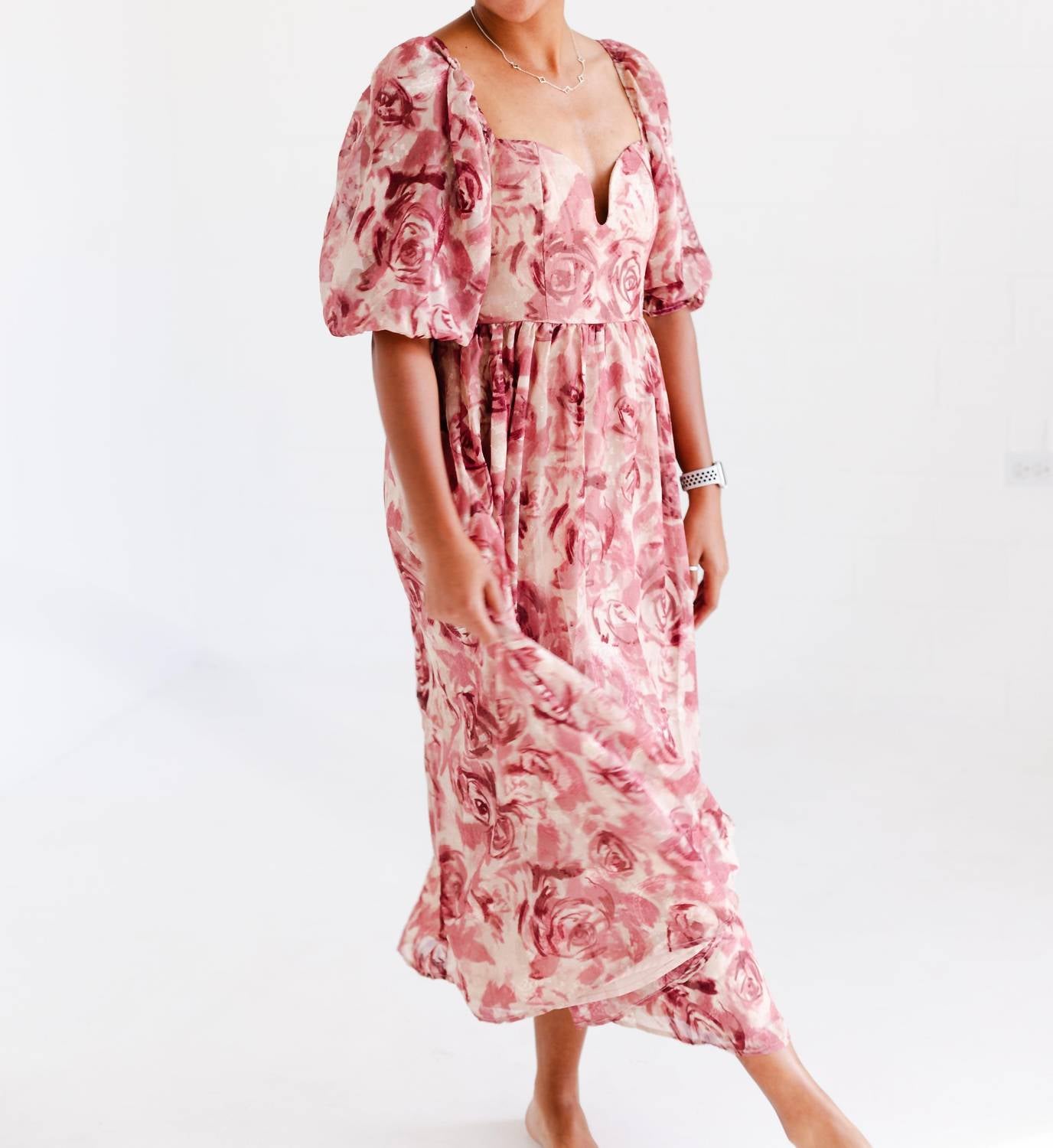 Women's Floral Textured Jacquared Midi Dress