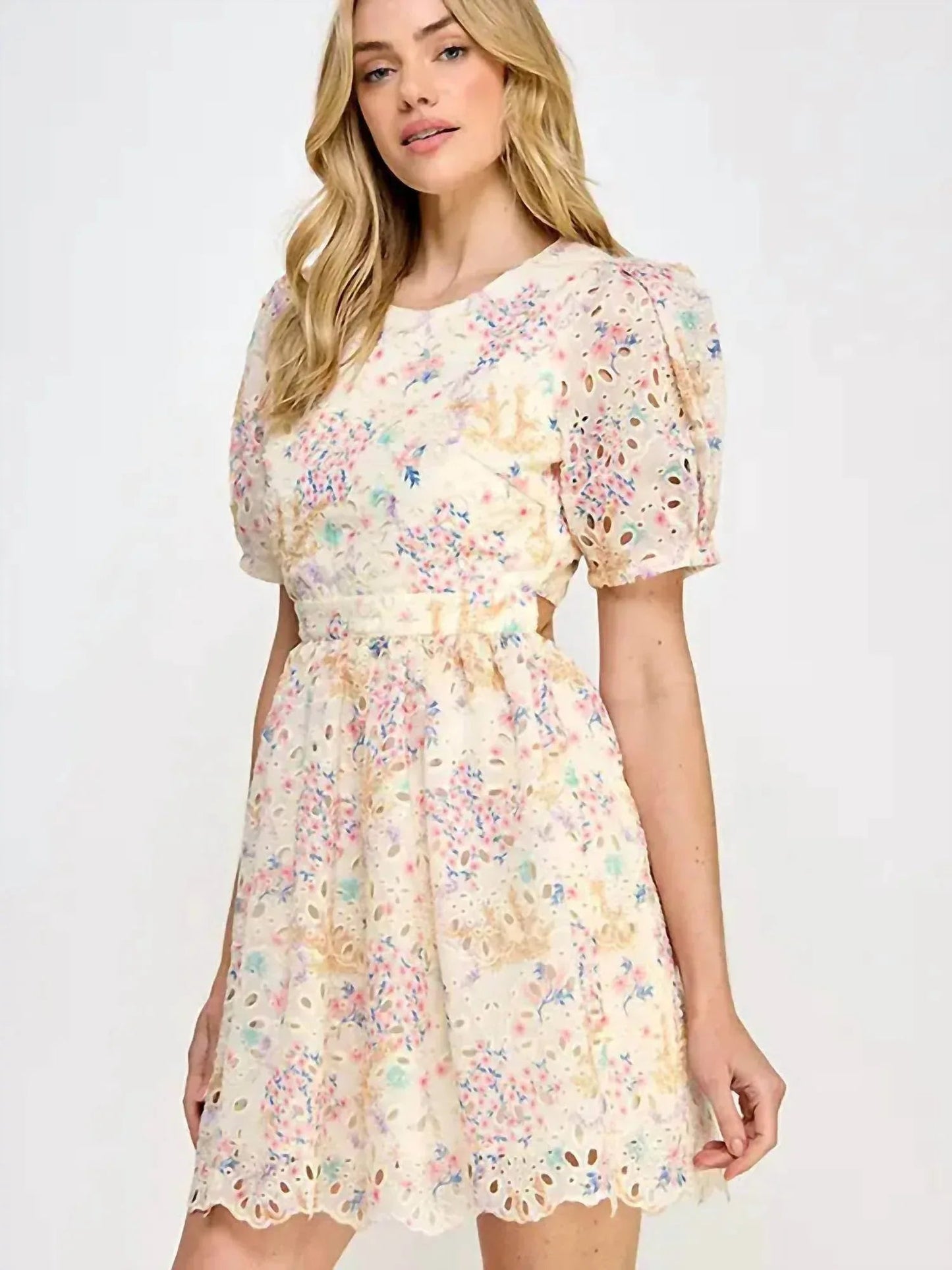 Floral Print Eyelet Short Dress