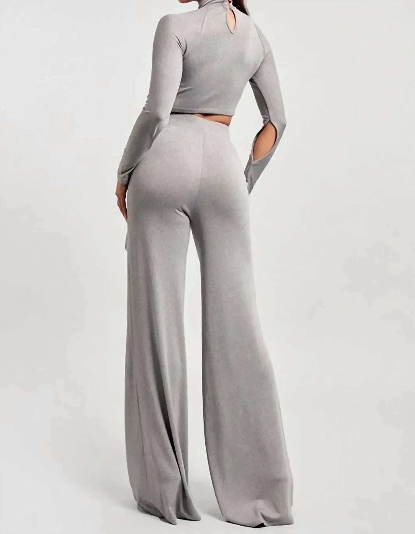 Mock Neck Cropped Top Two Piece Pants Set